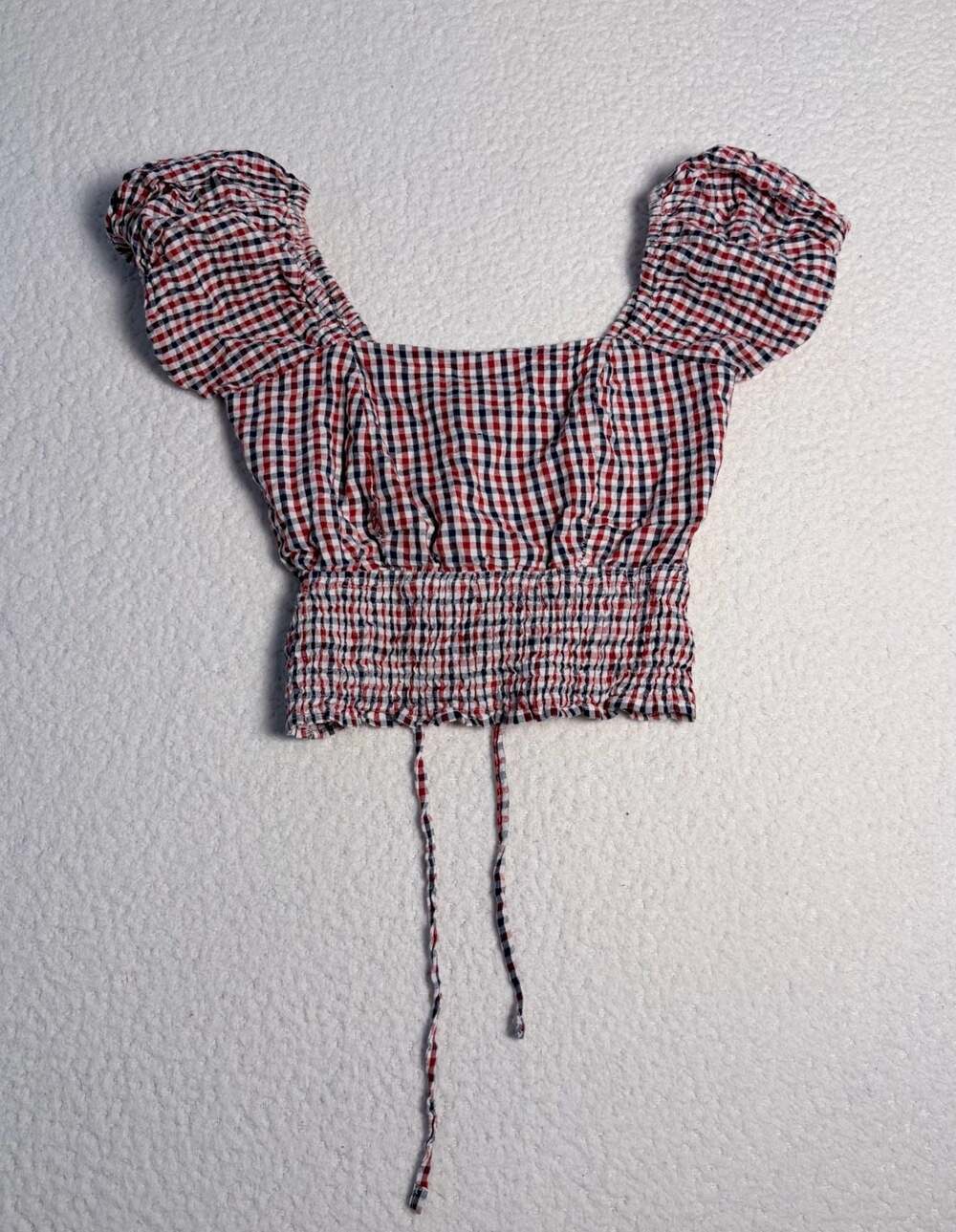 Sim & Sam Gingham Puff Sleeve Lace-Up Back Crop Top Size XS